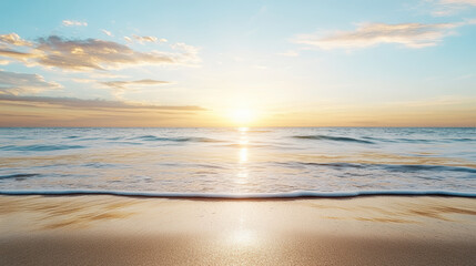 Fototapeta premium Serene ocean view sunset with gentle waves lapping sandy shore, creating peaceful atmosphere