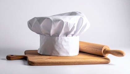 Chef's White Hat and Wooden Rolling Pin on Wooden Cutting Board in Studio