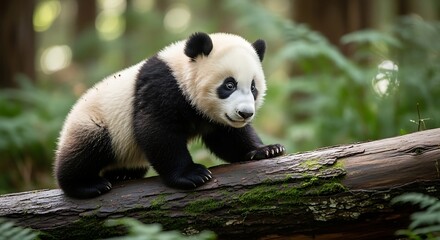 A charming panda cub gracefully balances on a fallen log in a lush, green forest setting.