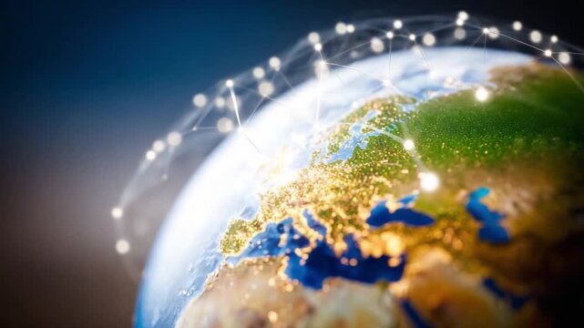 Global Network: Conceptual representation of the Earth enveloped by a network of interconnected points, signifying global communication and technological advancement.