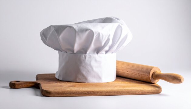 Chef's White Hat and Wooden Rolling Pin on Wooden Cutting Board in Studio