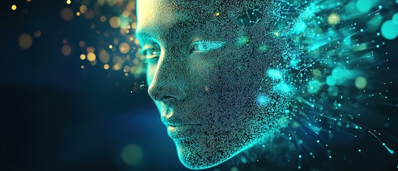 Futuristic technology background featuring an abstract human face formed by glowing colorful particles (cyan, magenta, green dots and lines), scattered digital particles with luminous effects, dark de