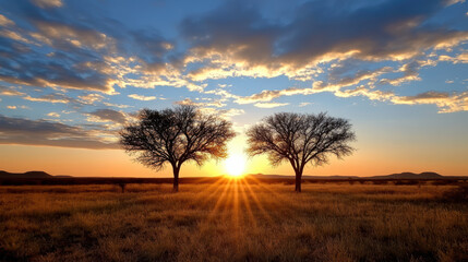 Obraz premium Golden sunset illuminates two trees in serene landscape, creating poetic atmosphere
