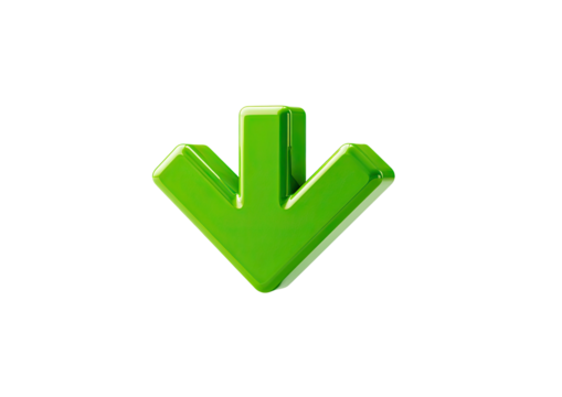 Glossy green arrow points downward on dark background