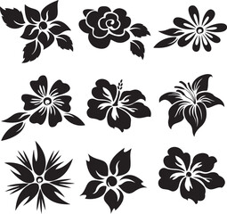 Vector Set of Black and White Flowers – Elegant Floral Silhouettes and Line Art Illustrations for Design, Decoration, Patterns, and Botanical Artwork Projects