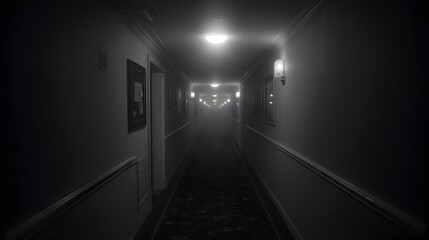 veil. A foggy grey corridor with distant doorways and soft, diffused lighting. real-estate listings, architecture portfolios, designed for real-estate listing and luxury residence showcases.