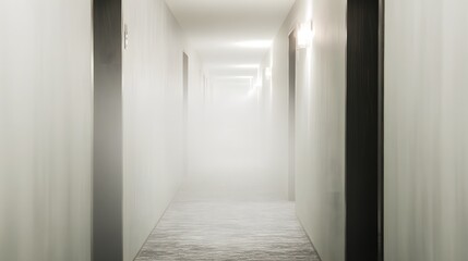 veil. A foggy grey corridor with distant doorways and soft, diffused lighting. real-estate listings, architecture portfolios, designed for real-estate listing and luxury residence showcases.