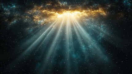 Bright cosmic light beams emerge from dark celestial background, creating divine atmosphere