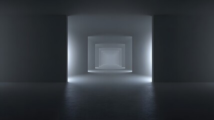 veil. A foggy grey corridor with distant doorways and soft, diffused lighting. real-estate listings, architecture portfolios, designed for real-estate listing and luxury residence showcases.