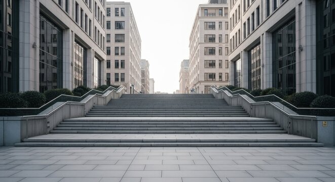 8k Urban Office Street Wide Staircase and Modern Cityscape — Fashion Advertising Background　