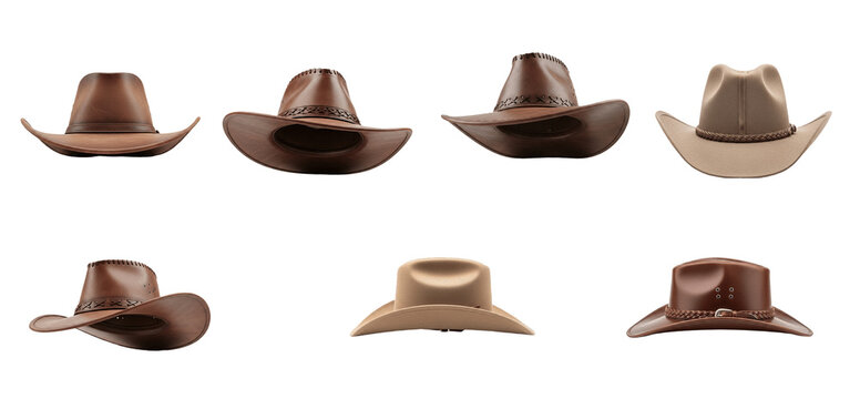 Collection of classic cowboy hats shown from multiple angles, featuring front, side, and top views, showcasing western fashion style and traditional rancher culture design &ndash; Oil Painting