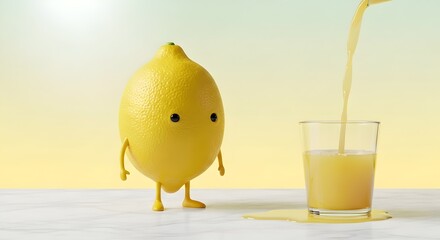 A surreal anthropomorphic lemon with small yellow legs pouring bright lemon juice into a glass on a marble surface with a pastel yellow background, representing freshness, simplicity, and creative ima