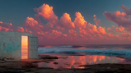 Dreamy beach scene with an open door leading to a beautiful sunset over the ocean