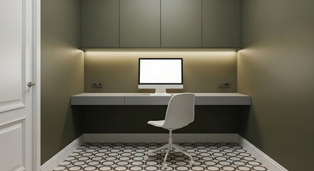 Symmetrical Modern Home Office Nook with Olive Cabinets and Warm Ambient Backlight.
