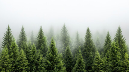 Fototapeta premium Lush green trees shrouded in mist create serene forest atmosphere