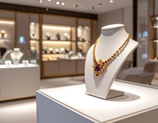 Elegant display of a bejeweled necklace on a white bust in a store