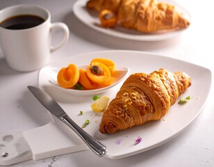Delicious breakfast scene, featuring croissant, apricots, and coffee