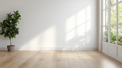 Bright natural room with wooden flooring and potted plant, creating serene atmosphere