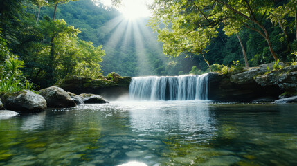 Obraz premium Lush forest surrounds serene waterfall, sunlight beams through trees, creating tranquil
