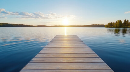 Naklejka premium Serene wooden pier extends over calm lake, reflecting soft sunrise