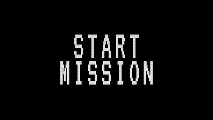 A retro pixel art animation displays the words START MISSION flashing on a black screen. 4K video text animation for vintage arcade game intro. - Powered by Adobe
