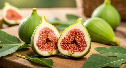 Close-up shot of fresh figs, one cut in half, revealing the juicy interior, with green leaves.