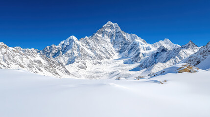 Majestic snowy peaks under clear blue sky create serene high altitude landscape
