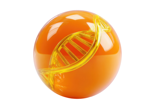 Glossy orange sphere with golden DNA helix within it