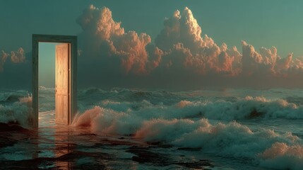 A surreal artistic image of an open door in the middle of the ocean during the sunset