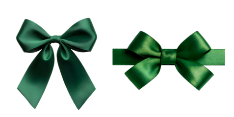 green satin ribbon bows isolated on white background, decorative gift wrap cut out transparent png