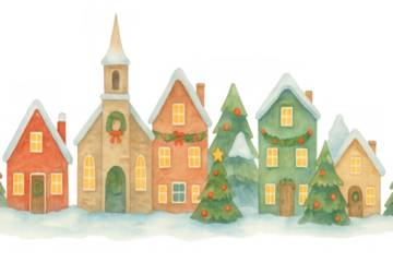 Cozy christmas village scene featuring charming houses, a church, and decorated trees covered in snow, rendered in watercolor