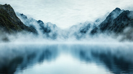Fototapeta premium Misty mountains reflect in calm water, creating serene and tranquil atmosphere