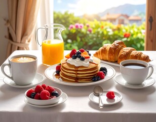Delicious breakfast spread with pancakes, fruits, coffee and orange juice