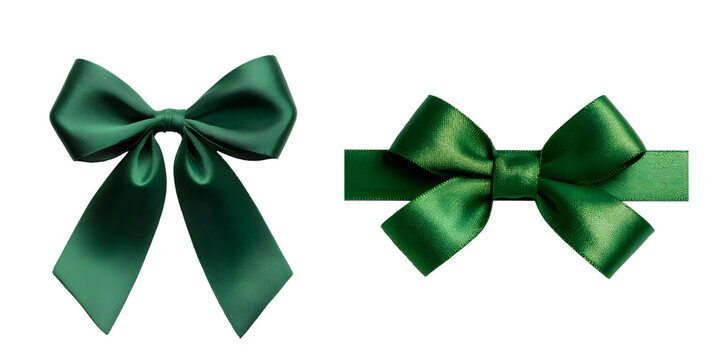 green satin ribbon bows isolated on white background, decorative gift wrap cut out transparent png
