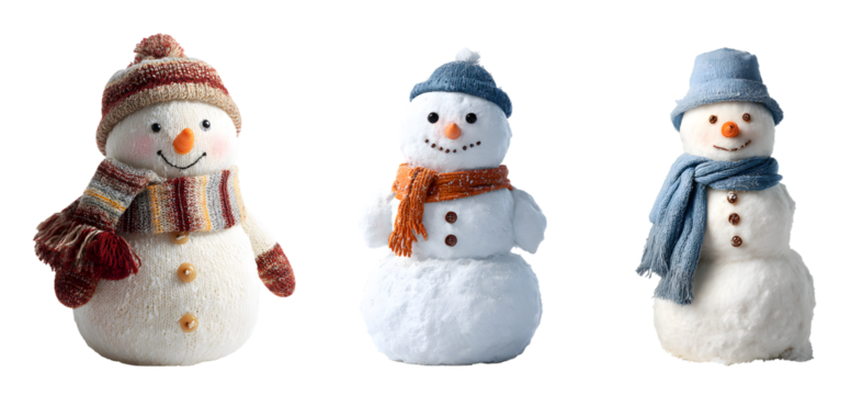 snowman figurines isolated on white background, christmas winter decoration cut out transparent png
