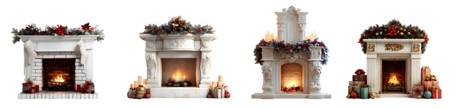 christmas fireplace decorated with garland isolated on white background, holiday interior cut out transparent png