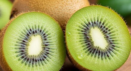 A close-up shot of a ripe kiwi fruit, sliced in half to reveal its vibrant green flesh and black seeds.