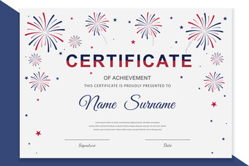 Festive vector template of an achievement certificate with fireworks and stars in red, blue, and white. Perfect for schools, corporate awards, and sports events. Editable design.
