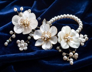 Elegant floral hair accessories, pearls on plush royal-blue fabric