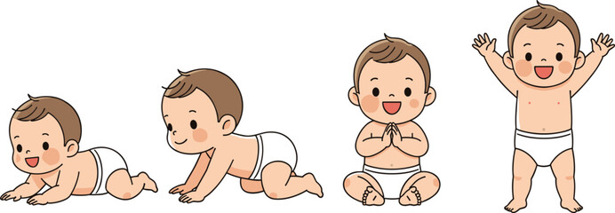 Baby development stages, crawling baby, sitting baby, standing baby, toddler growth, infant milestones, baby cartoon, early childhood, happy baby illustration