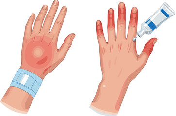 Burn injury treatment illustration showing hand wounds, bandage care, ointment application, first aid procedure, medical education, skin trauma healing
