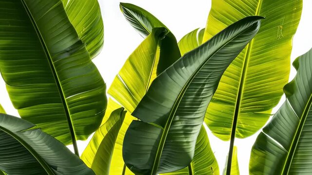Lush green banana leaves create a vibrant, tropical background against white.