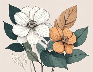 Elegant floral illustration featuring white and orange blooms, leaves