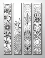 Four elegant grayscale bookmarks featuring intricate floral and geometric patterns