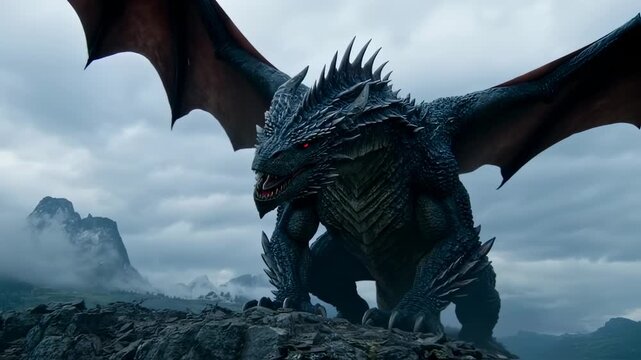 A fearsome, scaly dragon spews fire from its mouth, poised on a rocky mountaintop