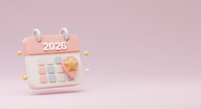 A cute calendar for 2026,decorated with golden star on pink location marker,floats in the air against soft backdrop,suggesting an important date.Christmas mood,copy space.