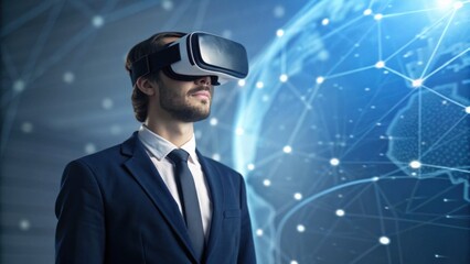 A professional man wearing a virtual reality headset stands in front of a digital globe, representing advanced technology and immersive experiences.