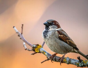 Detailed shot of a small brown and gray bird perched on a branch