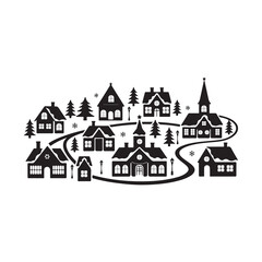 Cozy Christmas Village Silhouette Vector Illustration, Snow & Twinkling Lights.