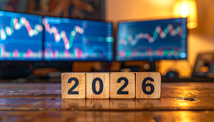 Wooden blocks displaying the year 2026 sit on a wooden surface in front of multiple computer monitors showing fluctuating stock market charts and graphs.
